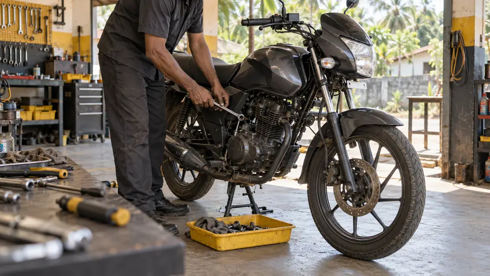 AI visual reference of careful motorcycle servicing in a workshop